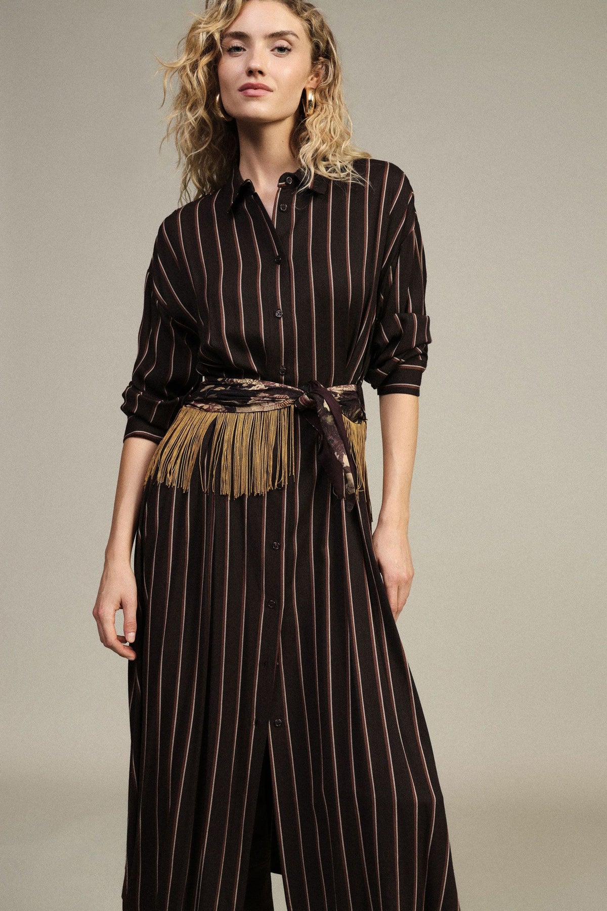 Vestito lungo a righe con cintura frange - AMGA2EBA - - DIXIE