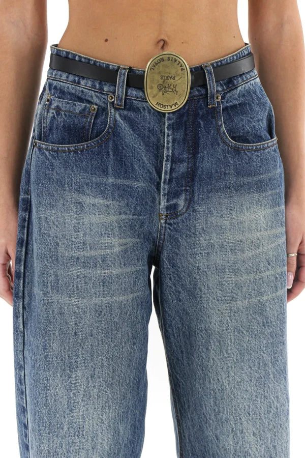 Barrel fit jeans with frayed hem and logo plaque belt - w26p213 - TENSIONE IN