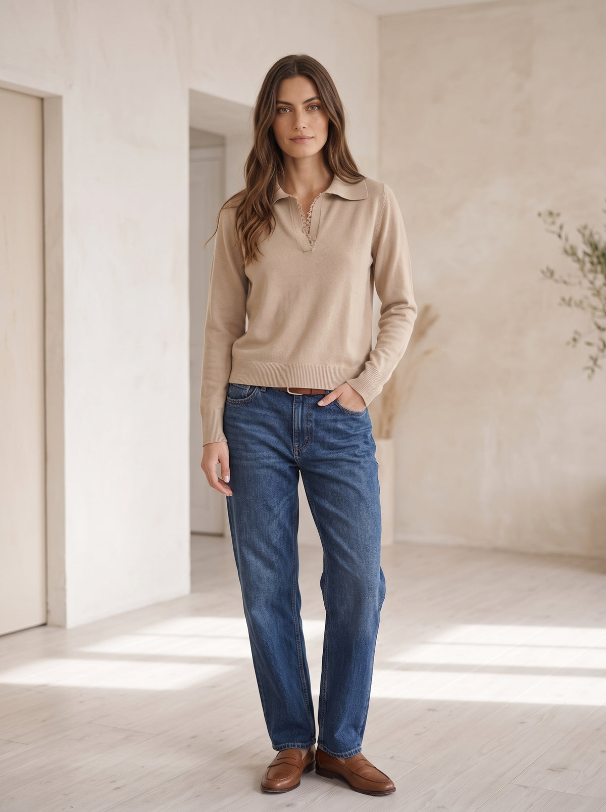 Jersey de Pura Lana con Cuello Polo y Detalle de Encaje - wf8666ai26camp - TENSIONE IN