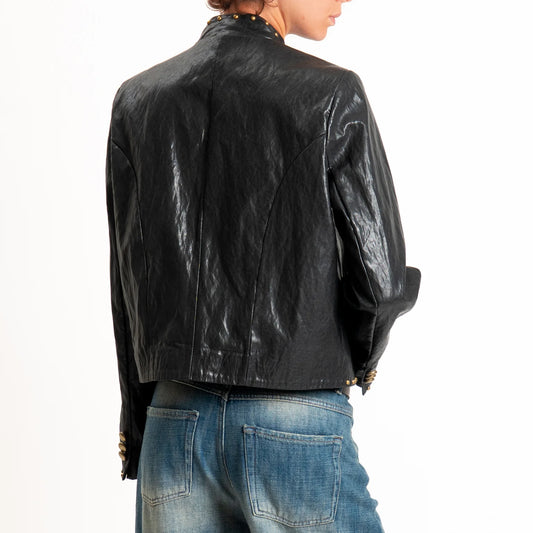 Giacca similpelle collo coreana con borchie - w26j280 - TENSIONE IN