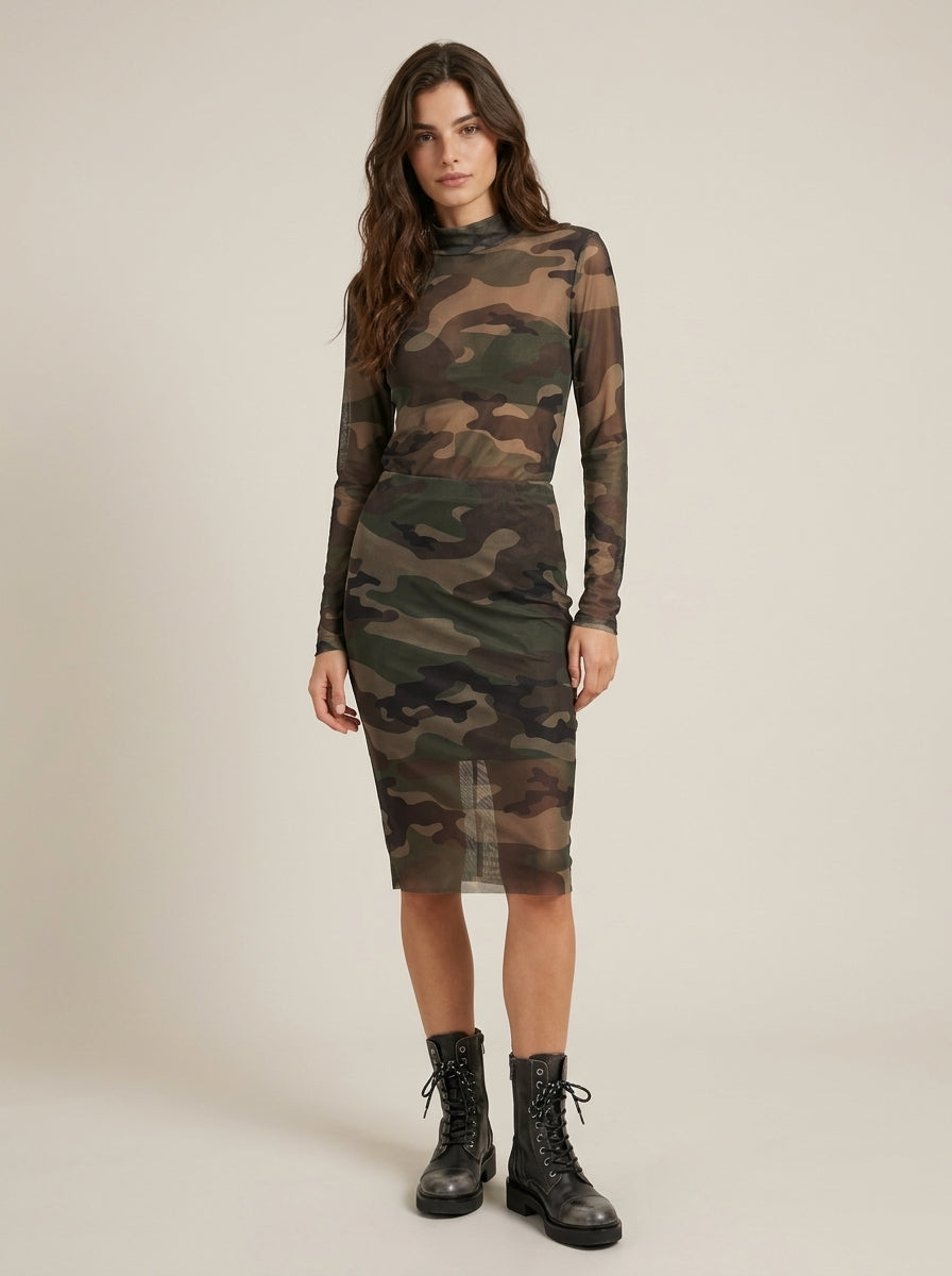 Maglia Collo Alto in Tulle Trasparente con Stampa Mimetica - a26bu422 - LE STREGHE