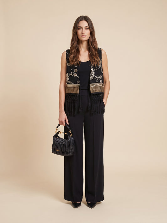 Gilet ricamato con frange e paillettes - a26dl803 - LE STREGHE