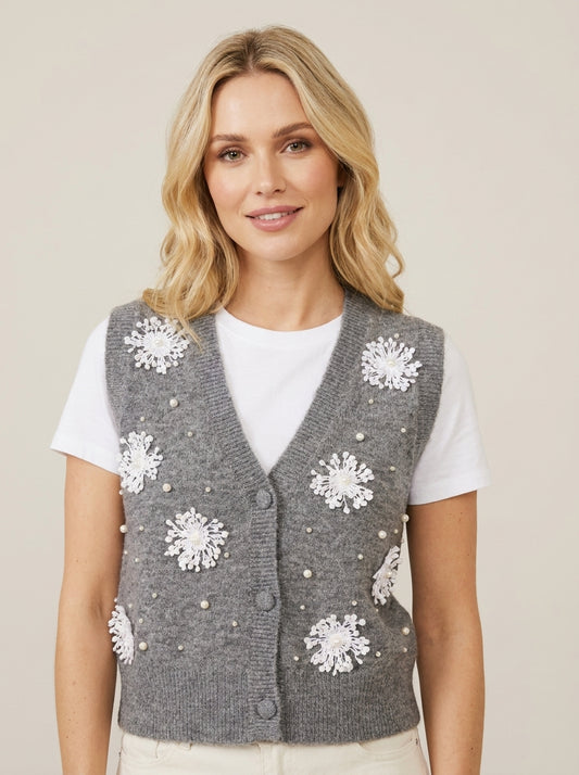 Gilet maglia con applicazioni ricami e perle - d40v0125 - SOUVENIR