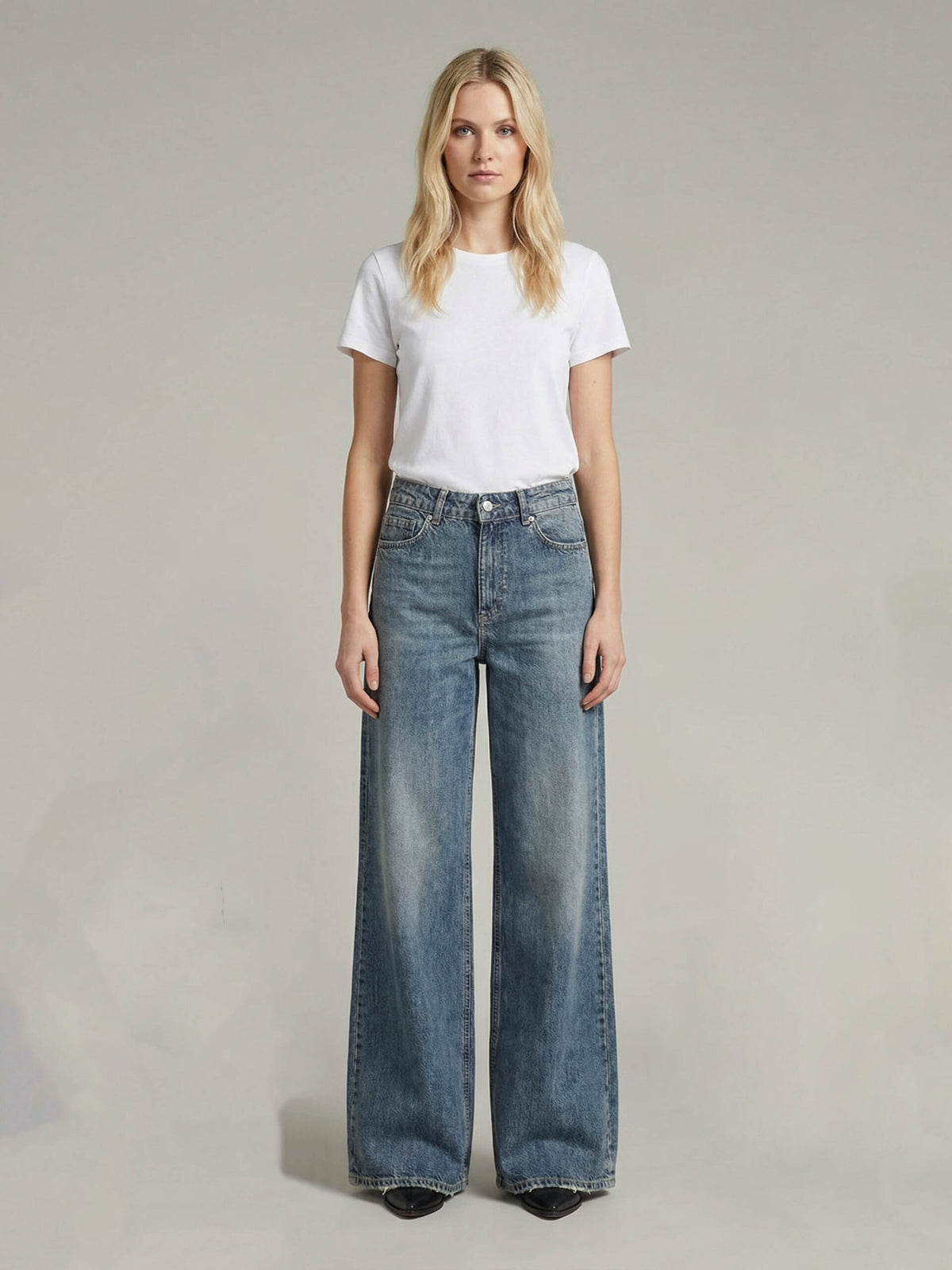 Jeans a gamba ampia in denim blu medio – PHILIA LOFT