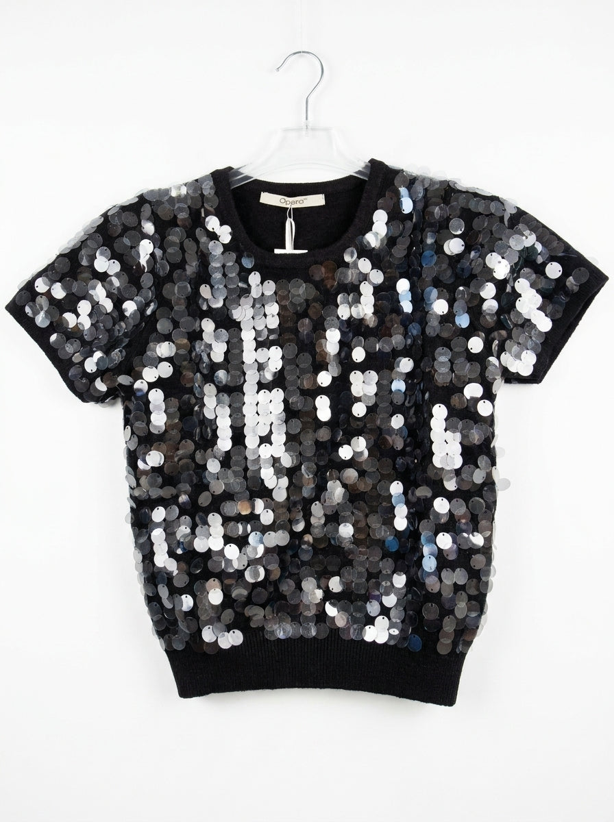 Maglia Girocollo a Maniche Corte con Paillettes Effetto Madreperla - al237 - OPERA