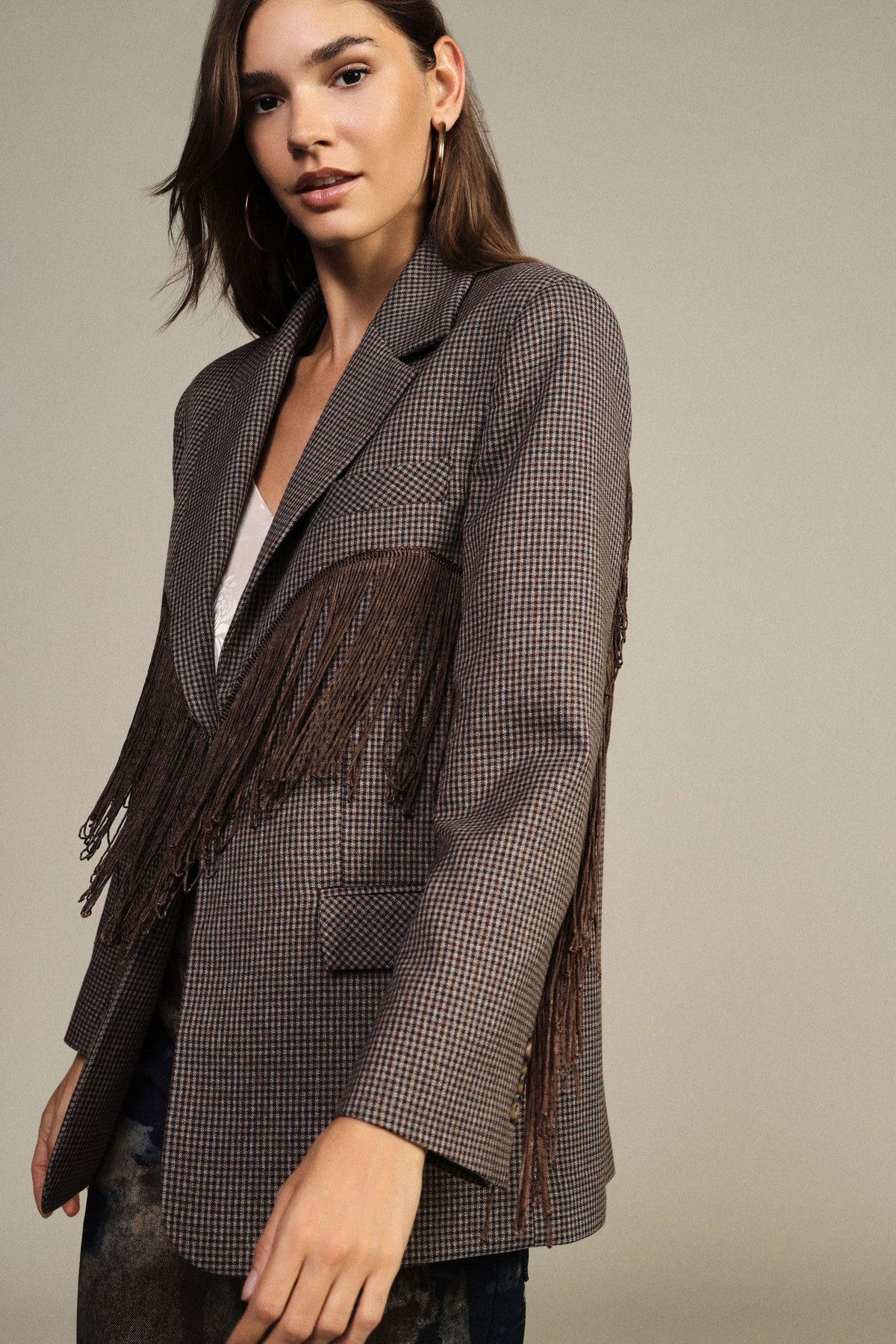 Blazer fantasia micro-check con frange decorative - j845b043 - DIXIE