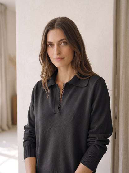 Jersey de Pura Lana con Cuello Polo y Detalle de Encaje - wf8666ai26camp - TENSIONE IN