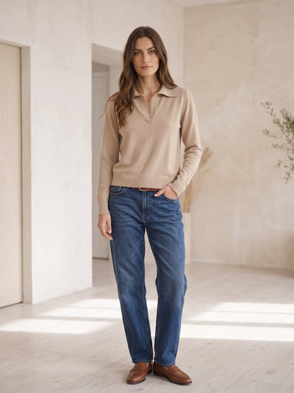 Jersey de Pura Lana con Cuello Polo y Detalle de Encaje - wf8666ai26camp - TENSIONE IN