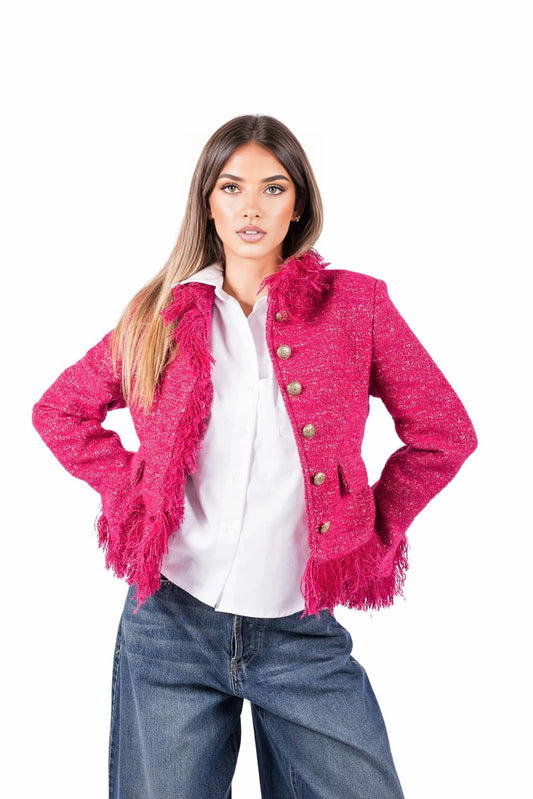 Fuchsia Bouclé Jacket with Fringe - w26j502 - TENSIONE IN