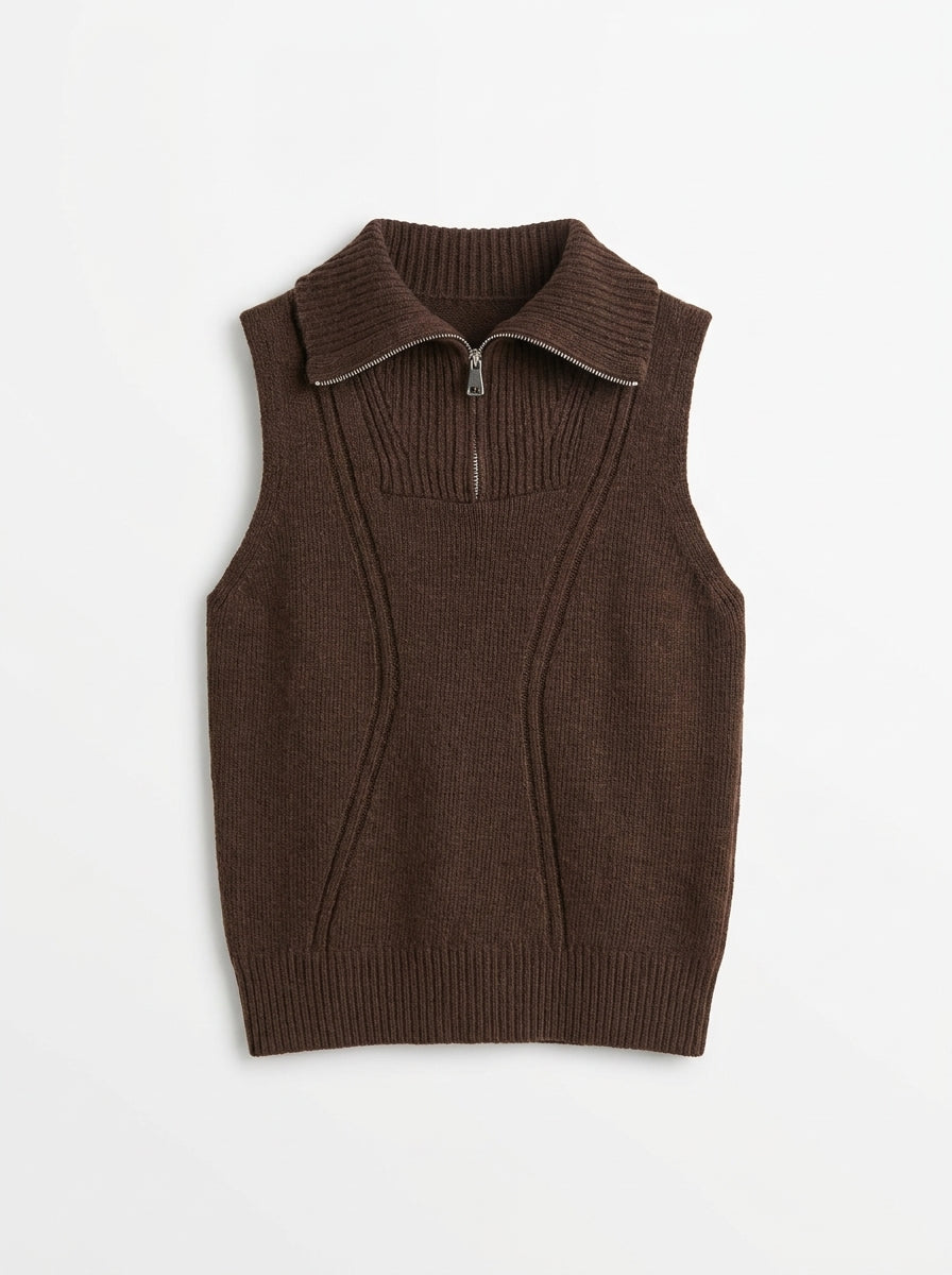 Maglia Smanicata in Misto Lana con Collo Alto Zippato e Lavorazione Sagomata - S03Y0568 - PHILIA LOFT