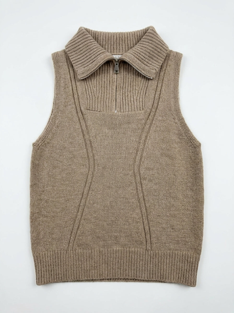 Maglia Smanicata in Misto Lana con Collo Alto Zippato e Lavorazione Sagomata - S03Y0568 - PHILIA LOFT