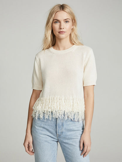 Short Sleeve Crew Neck T-Shirt With Fringe – PHILIA LOFT - V02V0022