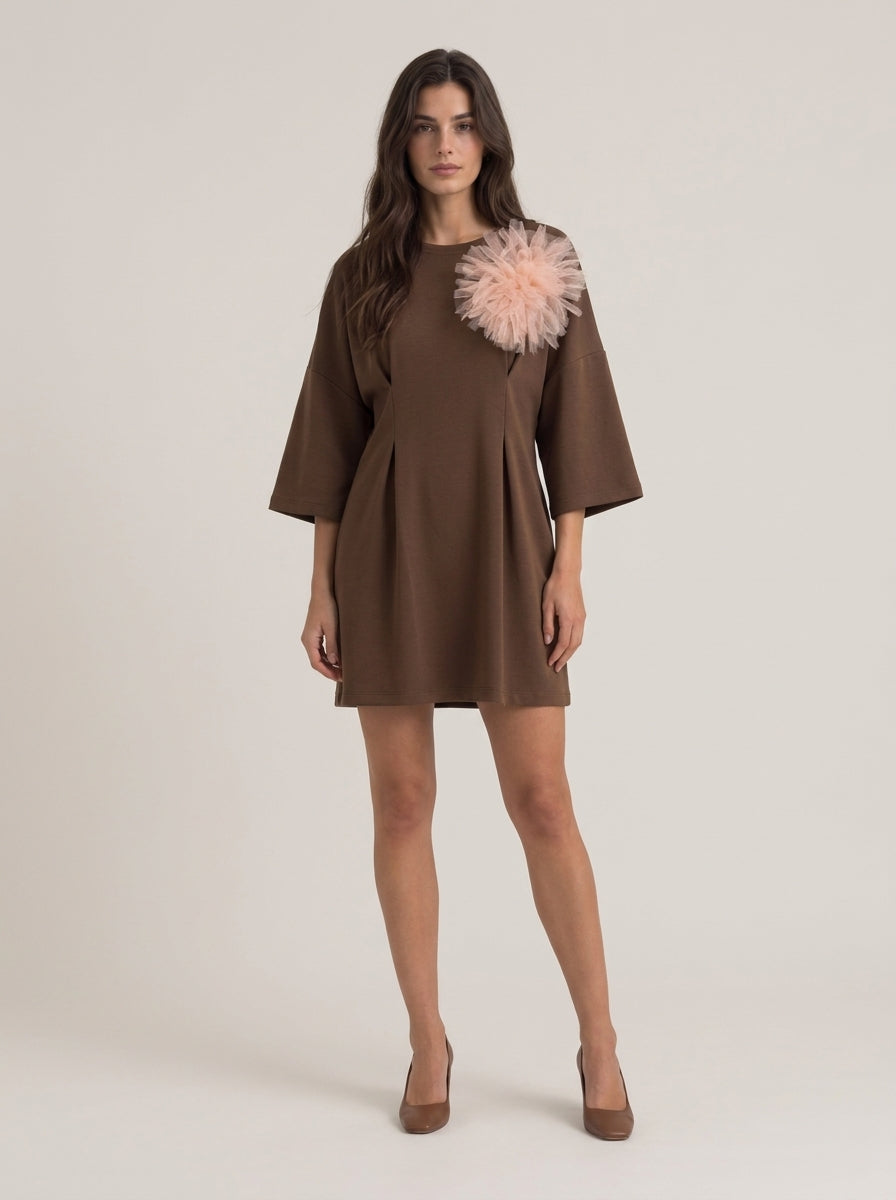 Abito Corto con Maniche a Tre Quarti e Fiore 3D in Tulle - D02N0485 - PHILIA LOFT