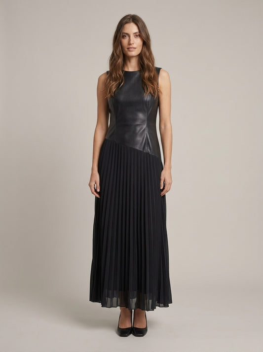 Two-Material Maxi Dress with Faux Leather Bodice and Pleated Skirt - pf082 - OPERA