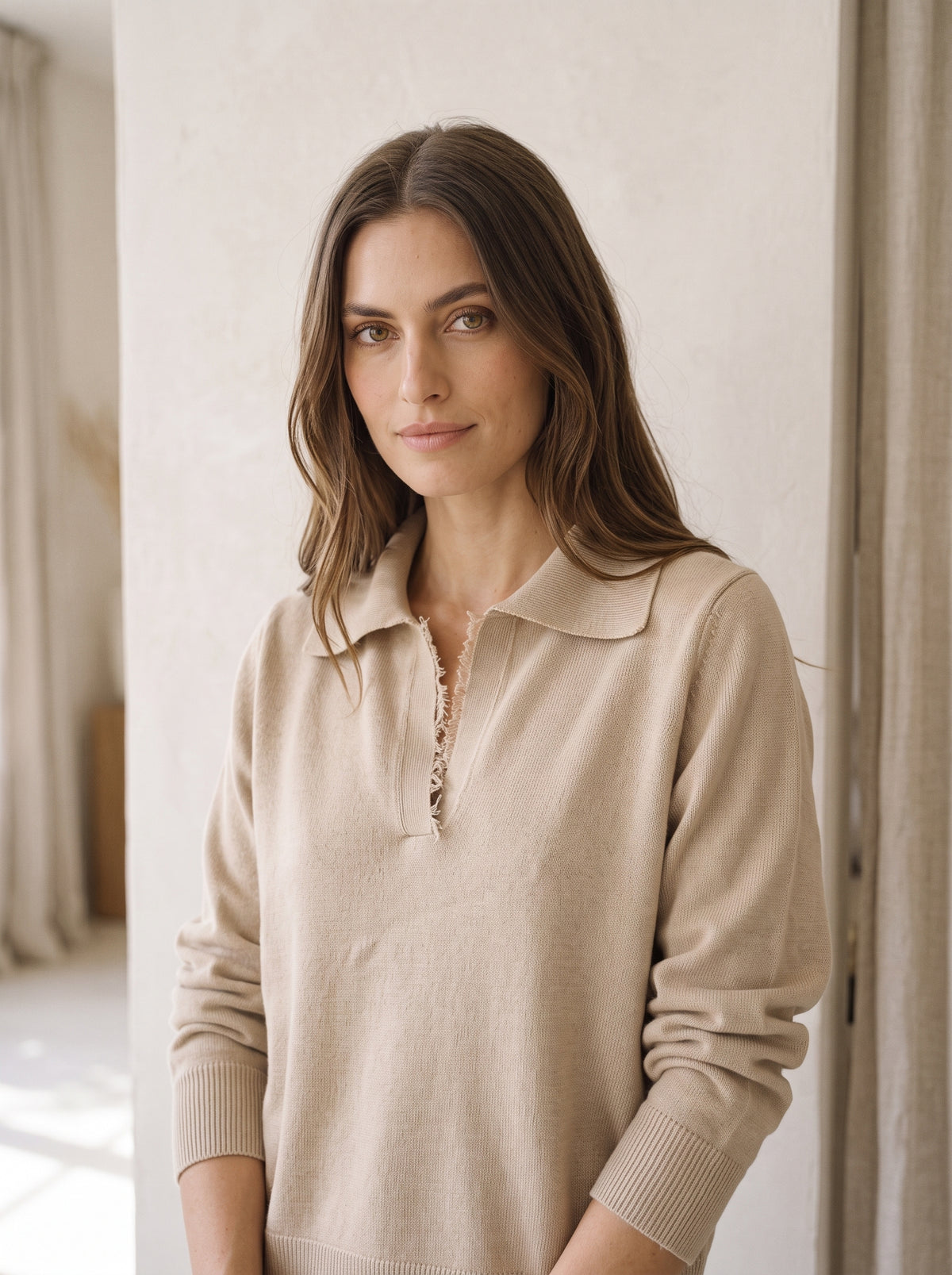Jersey de Pura Lana con Cuello Polo y Detalle de Encaje - wf8666ai26camp - TENSIONE IN