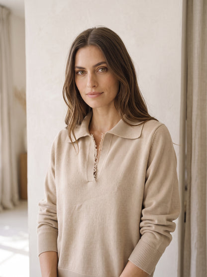 Jersey de Pura Lana con Cuello Polo y Detalle de Encaje - wf8666ai26camp - TENSIONE IN