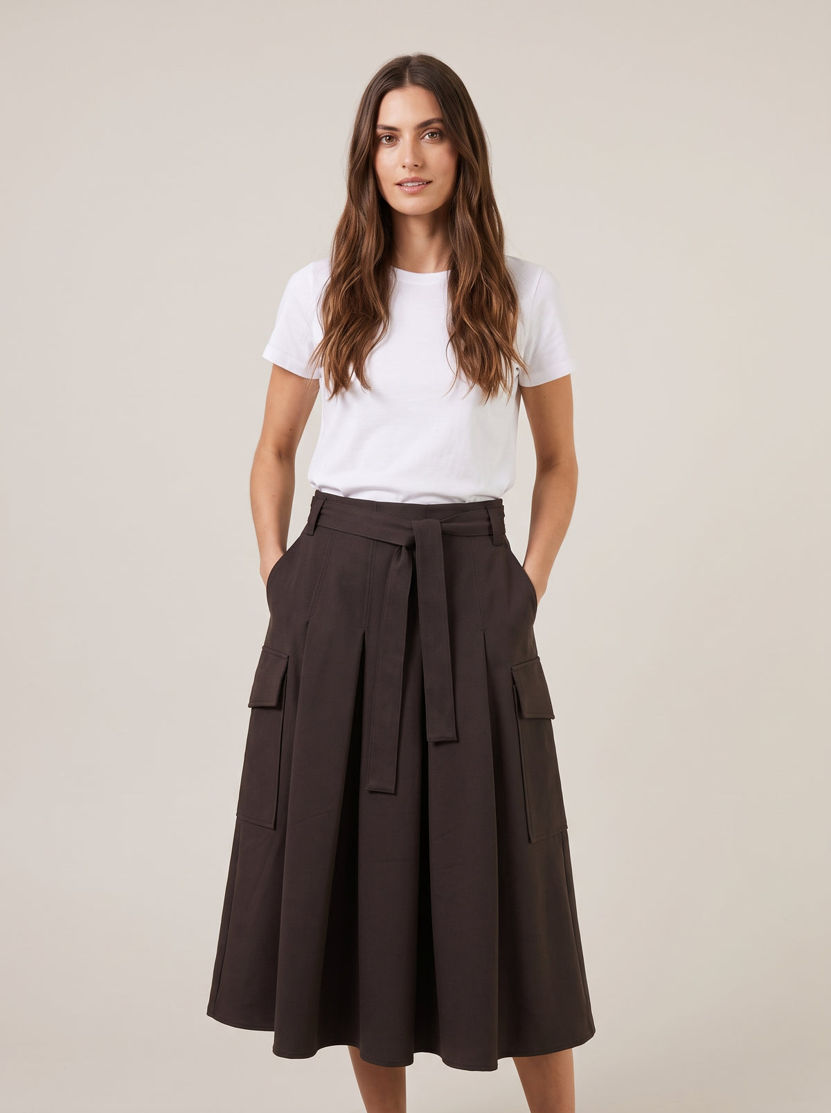 Gonna Midi Svasata a Pieghe con Tasche Cargo e Cintura Annodabile - A03N0715 - PHILIA LOFT
