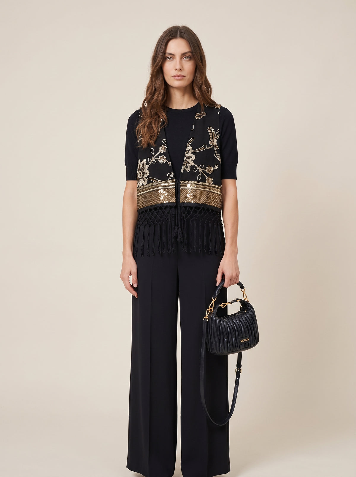 Gilet ricamato con frange e paillettes - a26dl803 - LE STREGHE