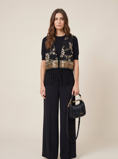 Gilet ricamato con frange e paillettes - a26dl803 - LE STREGHE