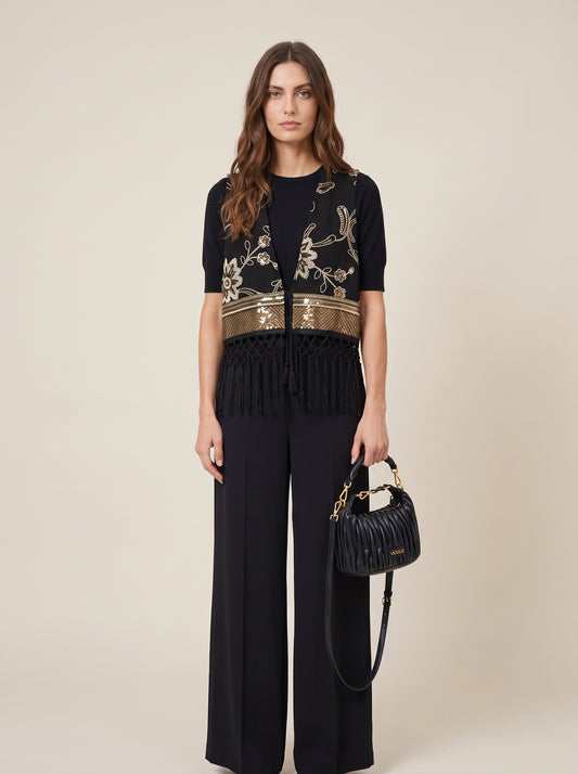 Gilet ricamato con frange e paillettes - a26dl803 - LE STREGHE