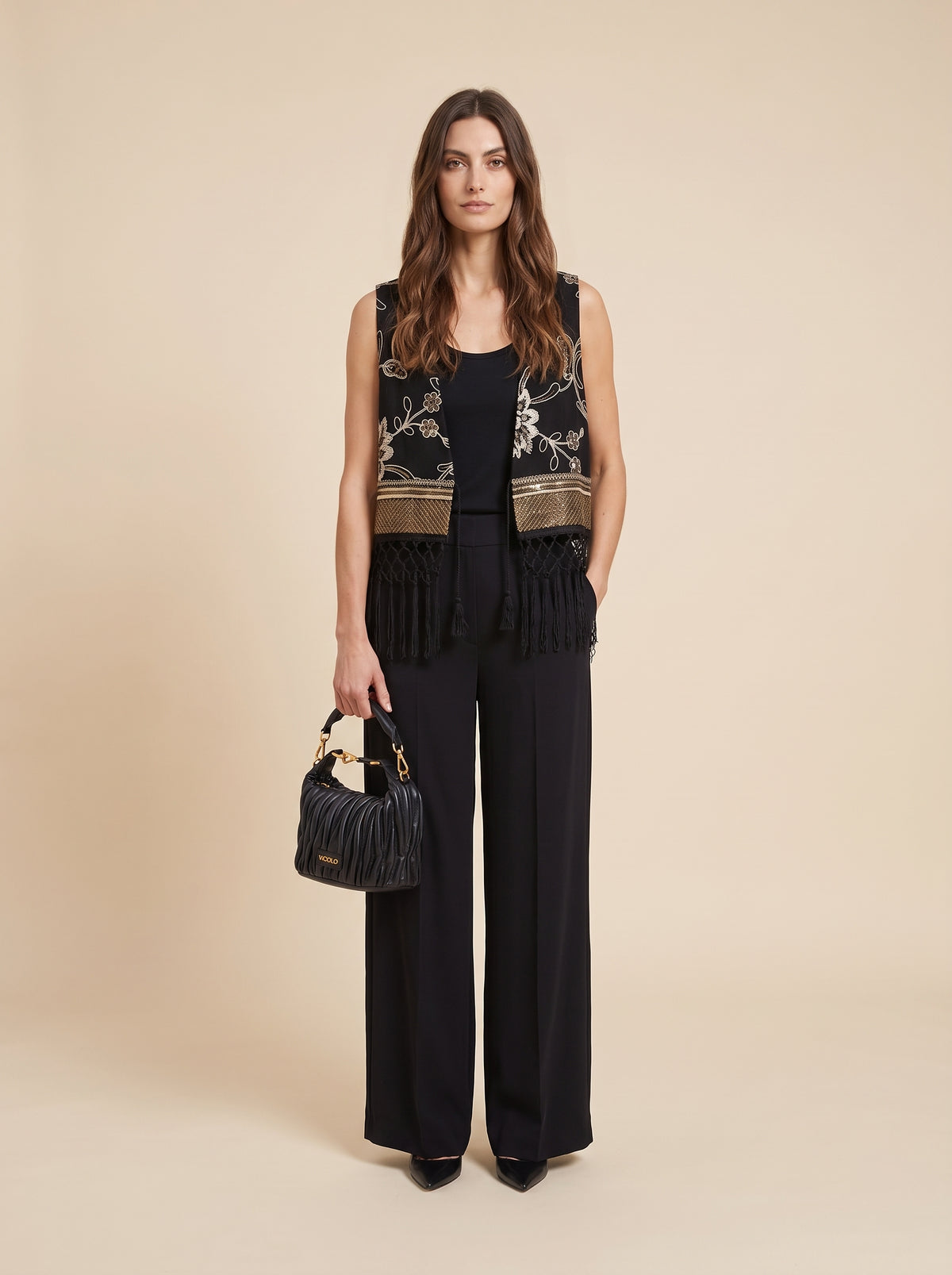 Gilet ricamato con frange e paillettes - a26dl803 - LE STREGHE