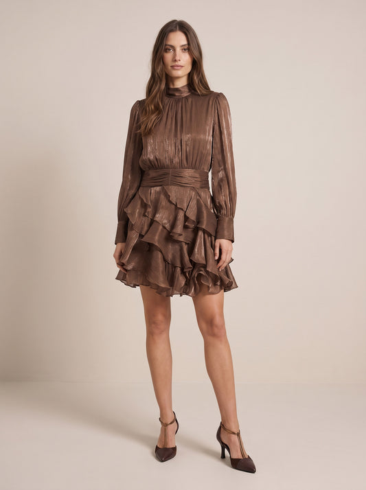Laminated Short Dress with High Neck and Ruffled Skirt - a50845mo - MOTEL