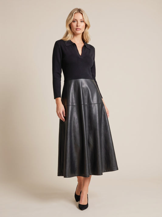 Vestido Midi Bimaterial con Cuerpo de Punto Polo y Falda Acampanada de Piel Sintética - sf009 - OPERA