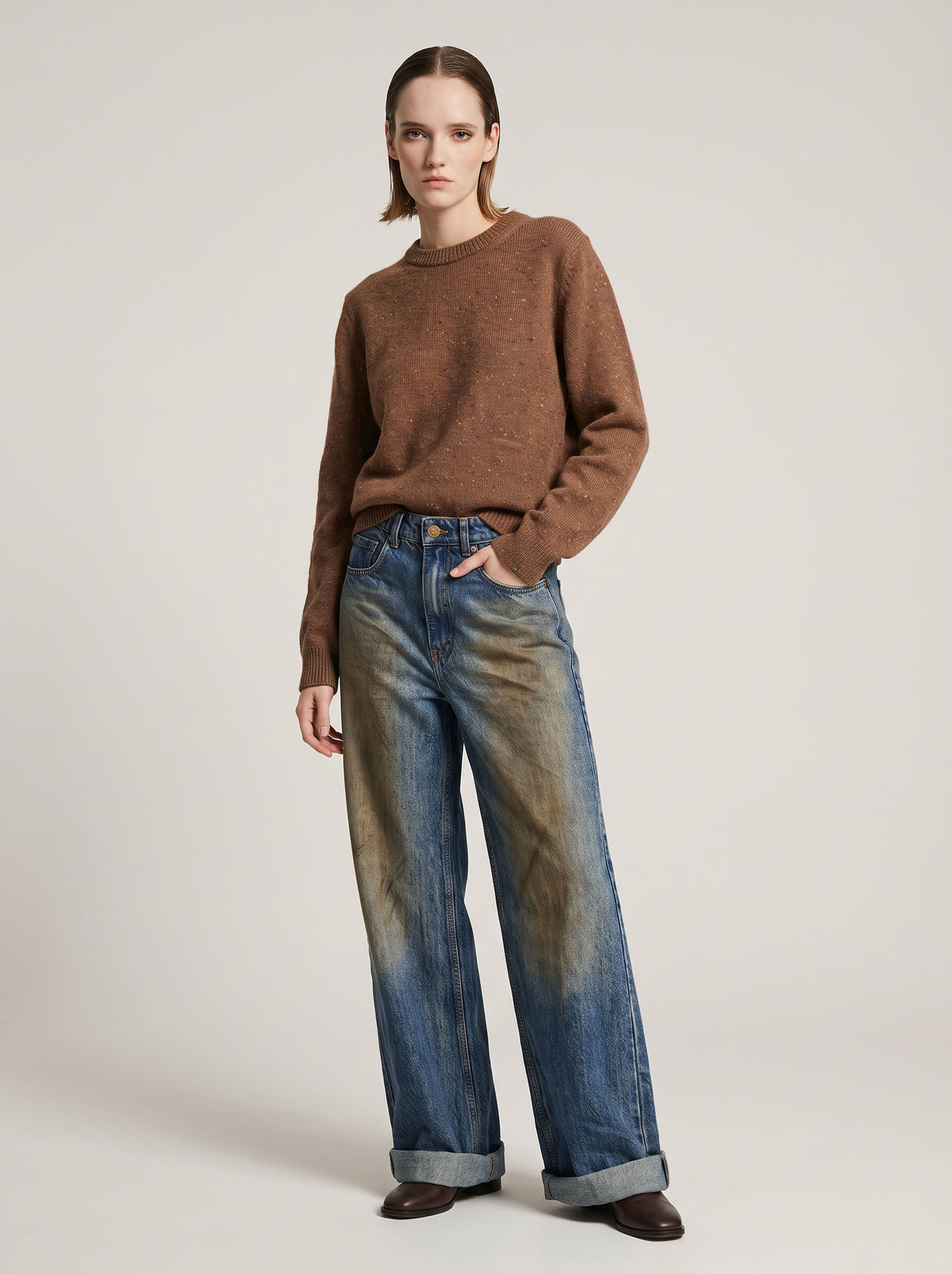 Jeans Wide-Leg Style con Effetto Nuvolato e Risvolto - CP566 - TENSIONE IN