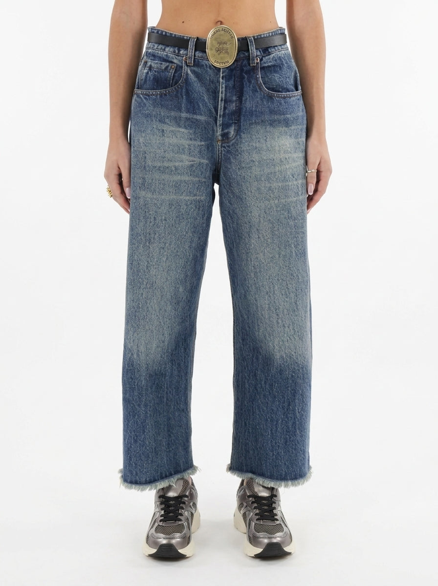 Barrel fit jeans with frayed hem and logo plaque belt - w26p213 - TENSIONE IN