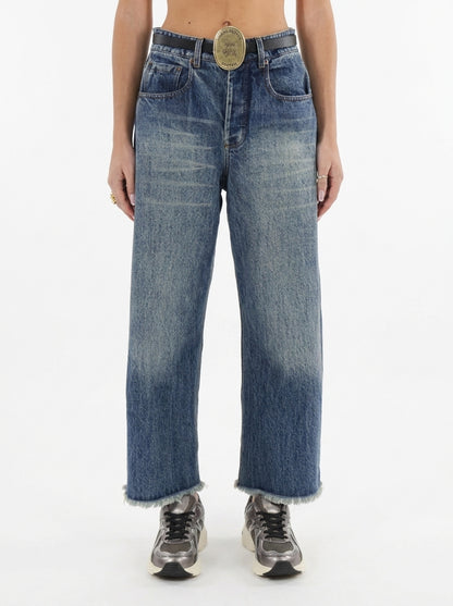 Barrel fit jeans with frayed hem and logo plaque belt - w26p213 - TENSIONE IN