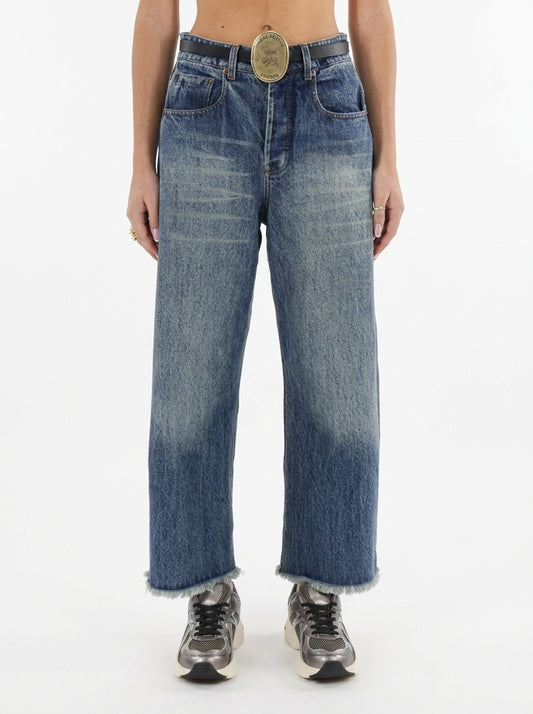 Barrel fit jeans with frayed hem and logo plaque belt - w26p213 - TENSIONE IN