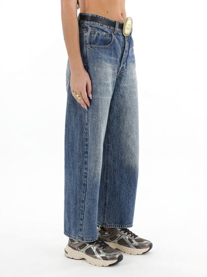 Barrel fit jeans with frayed hem and logo plaque belt - w26p213 - TENSIONE IN