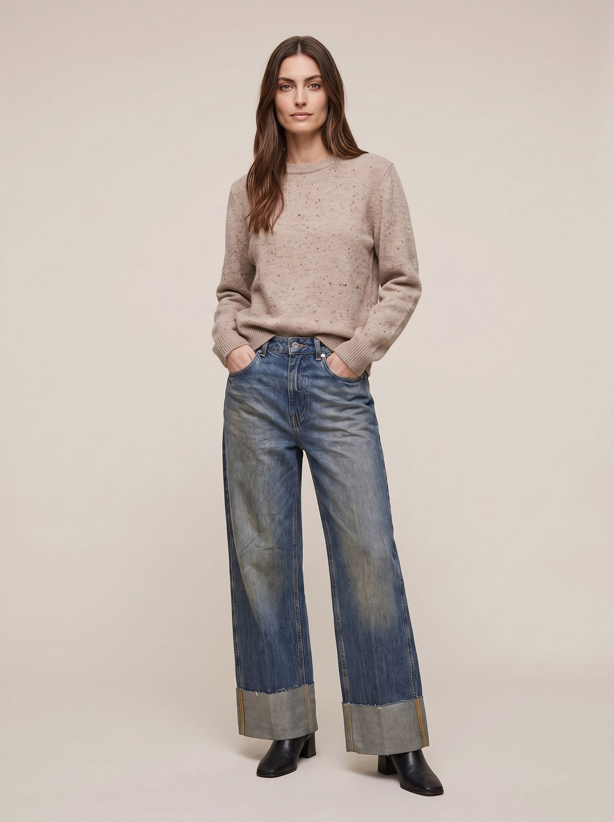Jean Wide-Leg avec délavage nuage et large revers au bas - cj9000/i26 - MOTEL