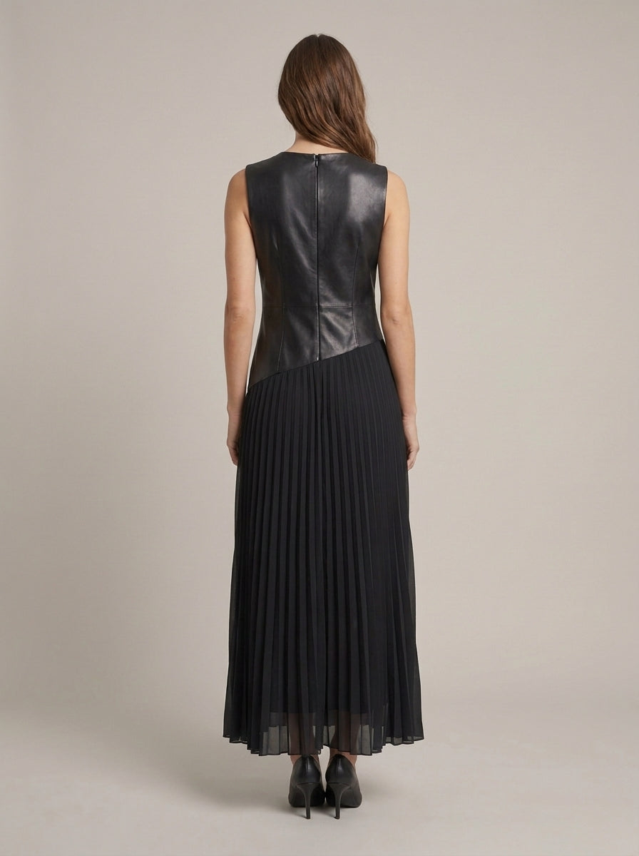 Vestido Largo Bimaterial con Corpiño de Piel Sintética y Falda Plisada - pf082 - OPERA