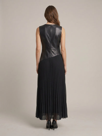 Vestido Largo Bimaterial con Corpiño de Piel Sintética y Falda Plisada - pf082 - OPERA