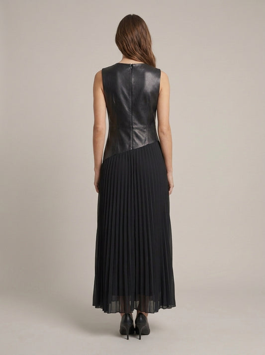 Two-Material Maxi Dress with Faux Leather Bodice and Pleated Skirt - pf082 - OPERA