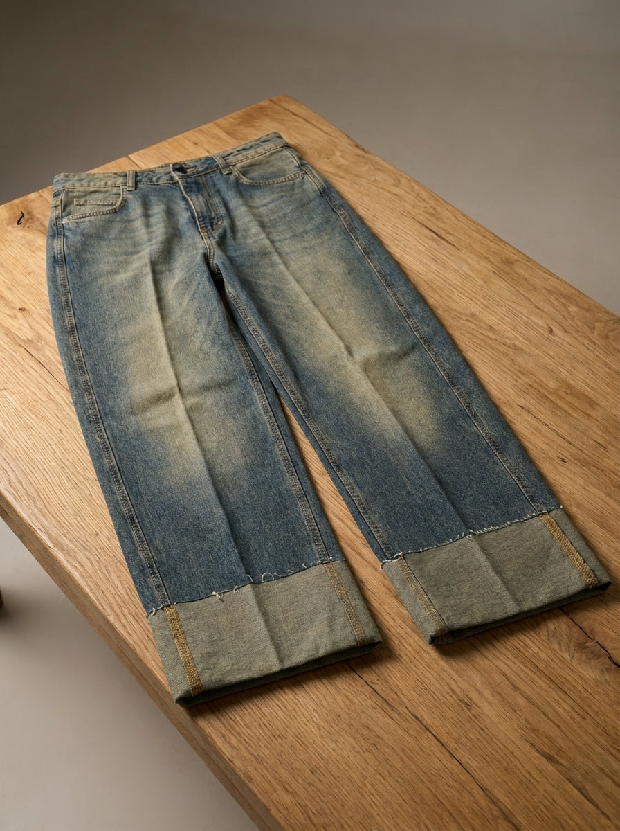 Jean Wide-Leg avec délavage nuage et large revers au bas - cj9000/i26 - MOTEL