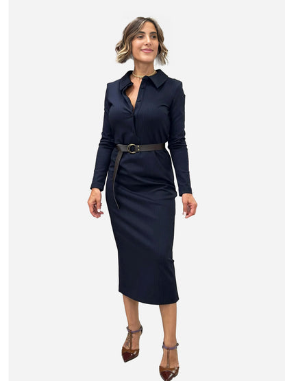 Langes, gestreiftes blaues Kleid mit Kragen und Knöpfen - TAC0147 - ViCOLO