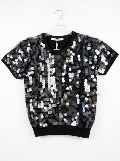 Maglia Girocollo a Maniche Corte con Paillettes Effetto Madreperla - al237 - OPERA